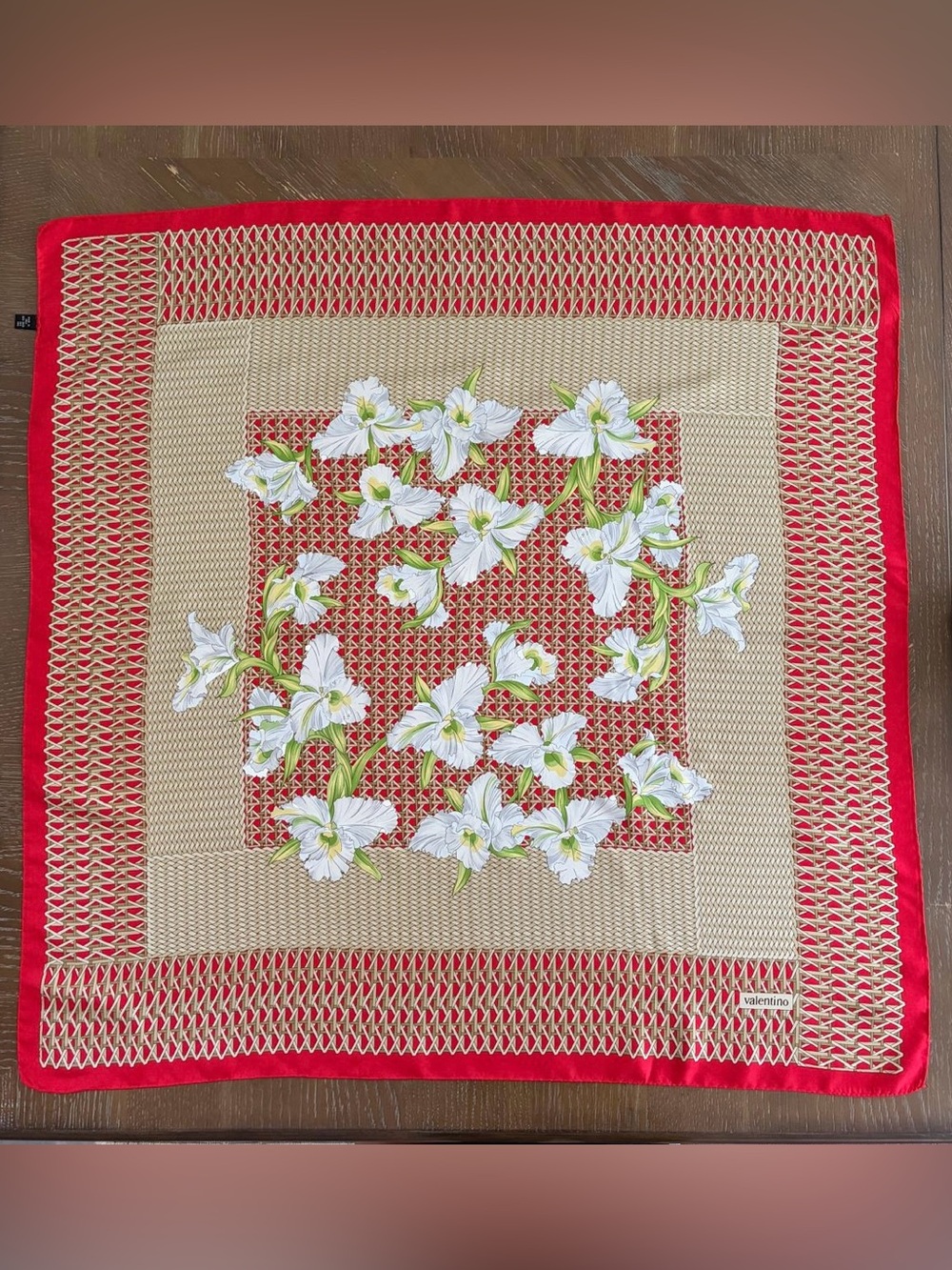Valentino Silk Scarf Red White Floral Hand Rolled Made In Italy